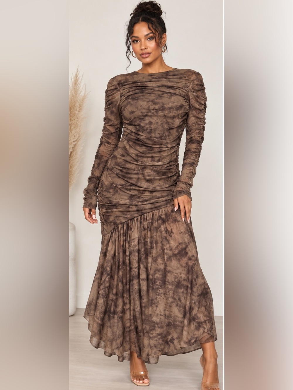 Sfumato Ruched Brown Tie-Dye Asymmetric Maxi Dress S
